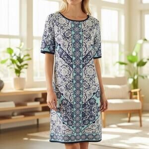 Dress Barn Navy White Floral Sheath Dress Sz 6 Stretchy Polyester